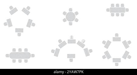 Sitzplan für Hochzeiten. Konferenz Bankett Seminarraum Inneneinrichtung, Konferenzsaal und Seminarraum Inneneinrichtung. Vektor-Draufsicht von Stock Vektor