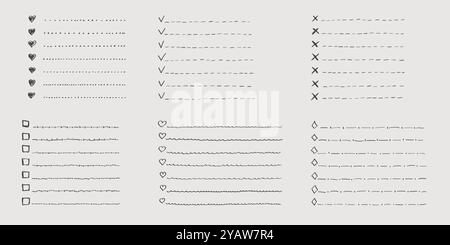 Sammlung von Vektor-isolierten Umrissen handgezeichnet Check-to-do-Liste, Aufzählungszeichen, Häkchen und Kontrollkästchen in einem Kritzelskizzen-Cartoon-Stil. Papiersatz Stock Vektor