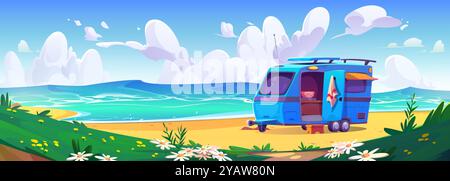 Wohnmobil-Wohnwagen mit Zelt am Fenster und offener Tür am Sandstrand des Meeres, des Meeres oder des Sees mit grünem Gras und Gänseblümchen, Wellen auf dem Wasser und blauem Himmel mit Wolken. Campingurlaub im Sommer. Stock Vektor