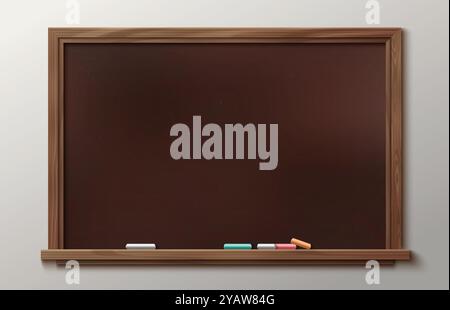 Schultafel isoliert auf Wandhintergrund. Vektor-realistische Illustration von brauner Tafel mit Stücken Kreide auf Regal, Büropräsentation oder Unterrichtsinnenelement, Bildungsausrüstung Stock Vektor