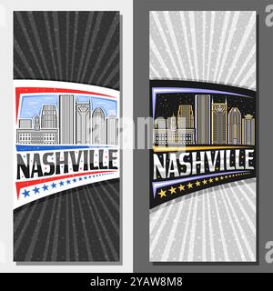 Vektor vertikale Layouts für Nashville, dekoratives Faltblatt mit Linienillustration der nashville Stadtlandschaft am Tag und Abenddämmerung Himmel Hintergrund, Kunstdesign zu Stock Vektor