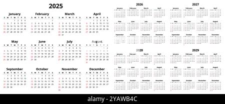 Jahreskalender für 2025, 2026, 2027, 2028 und 2029 Jahre englisch mit 12 Monaten. Einfache bearbeitbare Vektorillustration Stock Vektor
