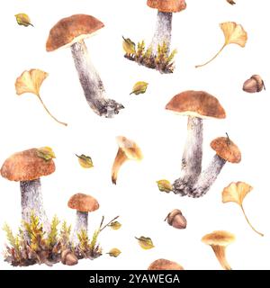 Pilze fallen nahtlos. Boletus orange Kappe mit Chanterelle, Moos, gelben grünen Blättern und brauner Eichel. Tannenzweig, Nadeln Aquarellhand Stockfoto