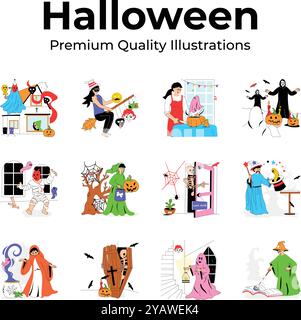 Ein fesselndes Set an Halloween-Illustrationen mit verspielten und gruseligen Darstellungen Stock Vektor