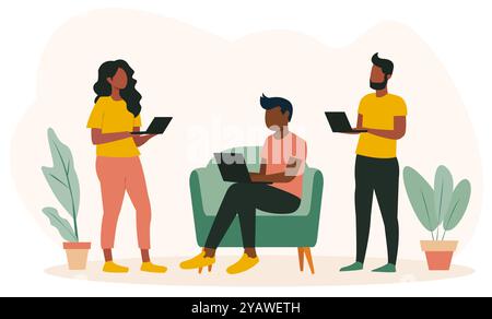Drei Personen arbeiten mit Laptops in einem komfortablen Raum, umgeben von Pflanzen. Der grafische Stil ist modern und lebendig. Vektorabbildung Stock Vektor