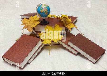 Der Globus steht auf einem Stapel Bücher, umgeben von gelben Herbstblättern Stockfoto