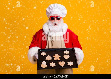 Foto von santa claus aufgeregt Großvater grauen Bart halten bereit Ingwer Brot Süßigkeiten Haushalt Aufgaben Kochen süchtig tragen Kostüm Handschuhe Sun Specs Kappe Stockfoto