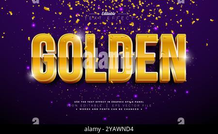 Goldener 3D-Texteffekt Design bearbeitbarer und skalierbarer Vektor-Grafikeffekt mit goldener Typografie und fallendem Konfetti auf glänzendem Lila Stock Vektor