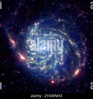 Die Galaxie Messier 101 ist eine wirbelnde Spirale von Sternen, Gas und Staub. Messier 101 ist fast doppelt so groß wie unsere Milchstraße. Spitzers Ansicht, im infraroten Licht berücksichtigt, zeigt feine Staub Gassen der Galaxie als gelb-grüne Filamente. Solche dichten Staubwolken sind, in denen neue Sterne bilden können. In diesem Bild, Staub durch das Licht der heiße, junge Sterne leuchtet rot erwärmt. Der Rest von Hunderten der Galaxie aus Milliarden von Sternen sind weniger prominente und bilden ein blauer Dunst. Astronomen können Infrarotlicht verwenden Sie die staubwolken wo Sterne geboren werden, zu prüfen. Stockfoto