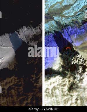 Am 17. April 2010 erhielt das Hyperion-Instrument an Bord der NASA-Raumsonde EO-1 dieses Paar Bilder des Ausbruchs des isländischen Vulkans Eyjafjallajökull. Auf dem linken Bild, das aus sichtbaren Wellenlängen entstanden ist, sind neue schwarze Ascheablagerungen auf dem Boden zu sehen, ebenso wie in der Nähe strahlendes, unverschmutztes Eis und Schnee und die braune, sich blähende Wolke des Vulkans. Die dunkle Farbe der Federn reflektiert ihren großen Aschegehalt. Diese feinen Gesteinsstaubpartikel werden hoch in die Atmosphäre getragen, wo sie eine Gefahr für die Luftfahrt darstellen und von den vorherrschenden Winden über weite Entfernungen getragen werden. Stockfoto