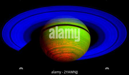 Diese falsche Farbe das zusammengesetzte Bild von Saturn ist von Daten im nah-infraroten Wellenlängen des Lichts gesammelt gebaut: Blau wird verwendet, um Sonnenlicht bei einer Wellenlänge von 2 Mikrometer wider, Grün, Sonnenlicht auf 3 Mikron und roten thermische Emission bei 5 μm bis hin reflektiert. Die Wärmeabgabe von Innen von Saturn ist nur bei 5 µm Wellenlänge im Spektrometer Daten gesehen, und damit erscheint rot. Stockfoto