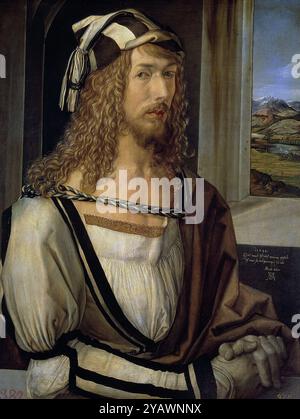 Albrecht Durer, Selbstporträt mit Handschuhen „Selbstporträt im Alter von 28 Jahren“. Albrecht Dürer 1471-1528 Deutscher Maler, Printmacher, Mathematiker, Kupferstecher und Theoretiker aus Nürnberg. 1498 Öl auf Platte (52 x 41 cm) Ort : Museo del Prado, Madrid, Spanien Stockfoto