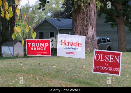 Political Yard Signs, Private Wahlplakate, und Wahlwerbung zur anstehenden Präsidentschaftswahl in den Vereinigten Staaten zwischen der demokratischen Kandidatin Kamala Harris und dem republikanischen Kandidaten Donald Trump, in Wisconsin, USA *** politische Yard Signs, private Wahlplakate und Wahlwerbung für die bevorstehenden Präsidentschaftswahlen in den Vereinigten Staaten zwischen der Demokratischen Kandidatin Kamala Harris und dem republikanischen Kandidaten Donald Trump, in Wisconsin, USA Stockfoto