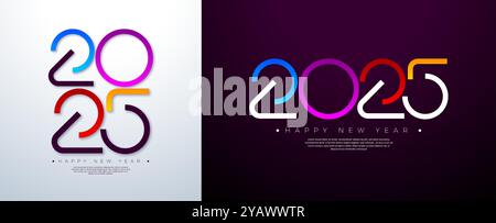 Happy New Year 2025 Illustration mit bunten Typografie-Schriftzug auf weißem Hintergrund. Weihnachtsdesign für Flyer, Banner, Grußkarte, Feier Stock Vektor