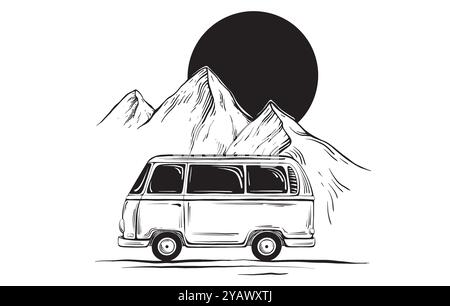Minimalistische handgezeichnete Sonne über Bergen und Wohnmobil. Vektorillustration in linearer Zeichnung Reisewagen oder Pickup-Truck für Abenteuer oder Stock Vektor