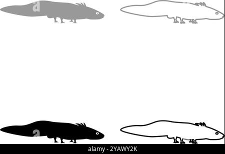 Axolotl ambystoma mexicanum Ansicht Seite Set Icon grau schwarz Farbe Vektor Illustration Bild einfache Vollfüllung Kontur Linie dünn flach Stil Stock Vektor
