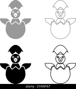 Küken schlüpfen aus dem Ei Baby Vogel aufgerissene Eierschalen Set Symbol grau schwarz Farbe Vektor Illustration Bild einfache feste Füllung Umrisskontur Linie dünn Stock Vektor