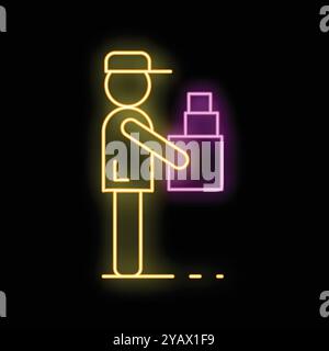 Neonschild eines Liefermannes mit Pappkartons, ein leuchtendes Symbol für den Lieferservice Stock Vektor