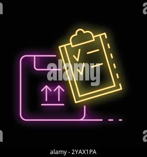 Gelbes und violettes Neonzeichen mit einer Checkliste für die Zwischenablage und einem Karton mit Pfeilen auf schwarzem Hintergrund Stock Vektor