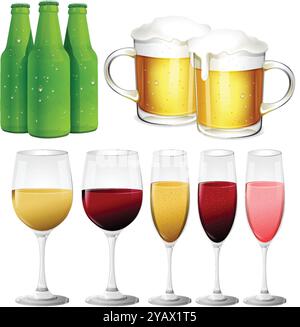 Illustration verschiedener Bier- und Weingläser Stock Vektor