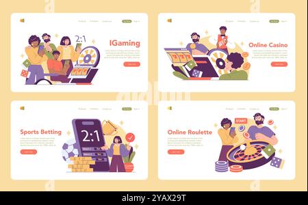 IGaming-Set. Eine Vielzahl von Online-Wetten, von Casino-Spielen bis hin zu Sportwetten. Ansprechendes digitales Glücksspiel. Vektorabbildung. Stock Vektor