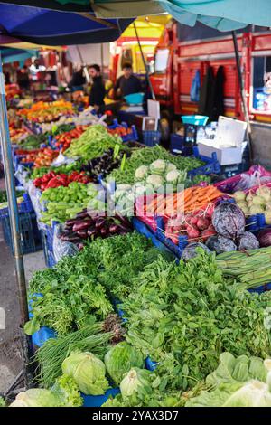 Auf einem geschäftigen Markt in der Türkei gibt es eine Auswahl an frischem Gemüse, darunter Salat, Tomaten, Karotten und Auberginen, die Einheimische und Besucher ali anlocken Stockfoto