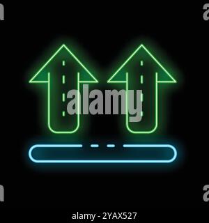 Leuchtende Neonlinie dieses Symbol mit der Seite nach oben auf schwarzem Hintergrund. Verpackungssymbol. Vektorabbildung Stock Vektor