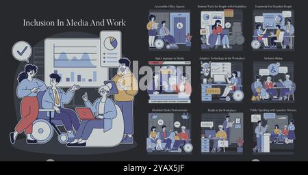 Einbeziehung in Medien und Arbeit. Vielfalt in Beschäftigung und Kommunikation, die sich durch Zugänglichkeit und Technologien zeigt. Zusammenarbeit, Remote-Jobs und Medienintegrität. Vektorabbildung. Stock Vektor