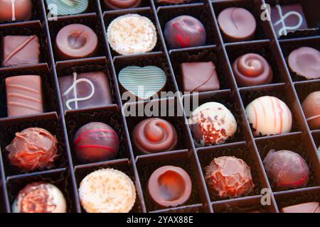 Makro einer Schachtel mit teuren belgischen Luxusschokoladen Stockfoto