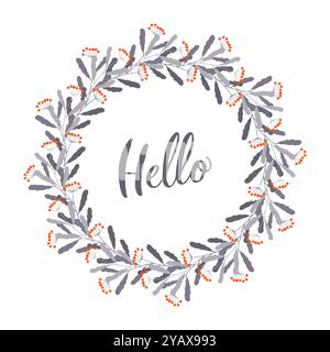 Wunderschönes Blumenkranzdesign mit Text Hello in elegantem Stil, perfekt für die Begrüßung der Besucher zu jeder Jahreszeit, graue Zweige und Orangenbeeren, Stock Vektor