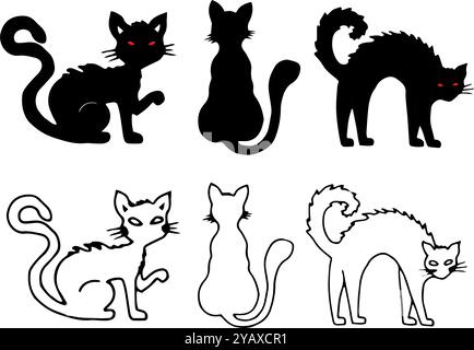 Set mit Katzensilhouetten. Schwarz-weiße Umrisszeichnung für Halloween. Handgezeichnetes grafisches Clipart. Niedliche Haustiere. Illustration von Tieren in verschiedenen Stock Vektor