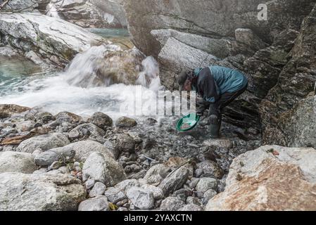 Outdoor-Abenteuer auf dem Fluss. Goldwaschen. Ein Mann, der eine grüne Goldpfanne hält, sucht nach Goldnuggets in einem Bergbach Stockfoto