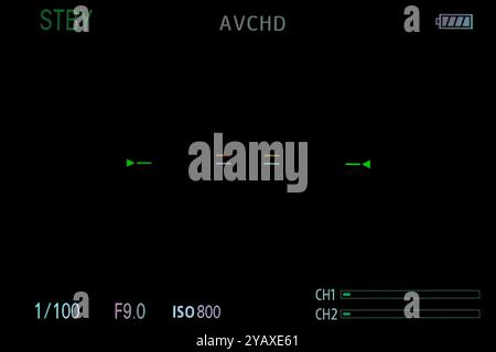 Bildschirmüberlagerung der Kameraaufzeichnung. DSLR-Kamerahahmen-Sucher, Bildschirm mit Videorekorder-Elementen. Stockfoto