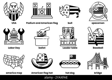 Illustrationsset im Konzept des Labor Day und der USA im Line Art Stil Stock Vektor