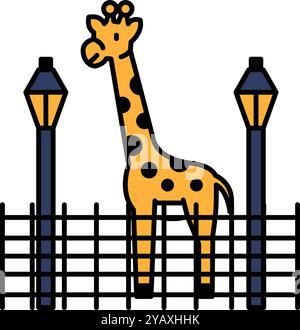 Eine Giraffe vor einem Zaun mit zwei Straßenlaternen dahinter. Die Giraffe schaut in die Kamera Stock Vektor