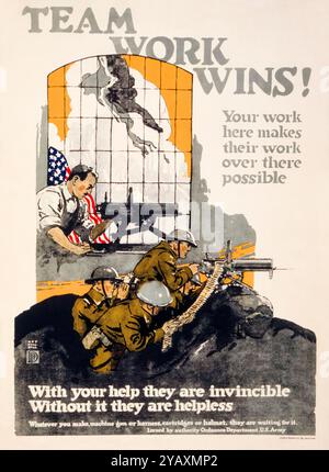 Amerikaner, USA, WW1, Produktivitätsposter, Team Work Wins!, Ihre Arbeit hier macht ihre Arbeit dort möglich, Poster von Roy Hull still, 1917-1919 Stockfoto