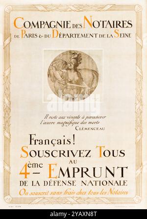 Französisch, 1. Weltkrieg, Finanzplakat, Compagnie des notaires de Paris, (4. Nationaler Verteidigungskredit 1918, Kriegsanleihen) von Adolphe Willette, 1917-1919 Stockfoto