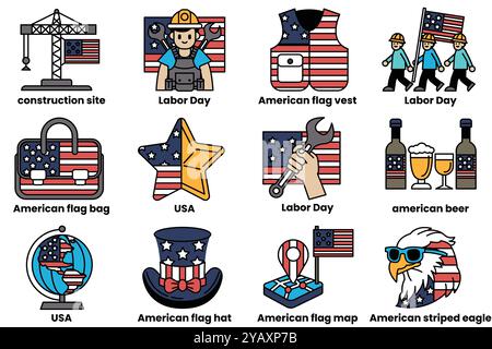 Illustrationsset im Konzept des Labor Day und der USA im Line Art Stil Stock Vektor