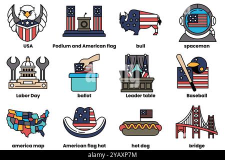 Illustrationsset im Konzept des Labor Day und der USA im Line Art Stil Stock Vektor