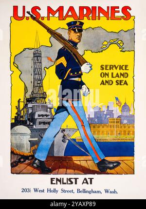 US-Marines, Dienst an Land und See, American, US, WW1, US Marine Corps Recruitment Poster von Sidney H Riesenberg, 1917-1919 Stockfoto