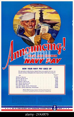 Ankündigung! New and Higher Navy Pay, American, US, WW2, Recruitment Poster von John Falter, 1942-1945 Stockfoto