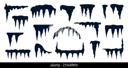 Schwarze Silhouette Eiszapfen. Gefrorene Eisspitzen Grenzen, frostiger Schnee Kristall kaltes Winterwetter Elemente, gefrorene Wassertropfen auf dem Dach. Vektorsammlung Stock Vektor