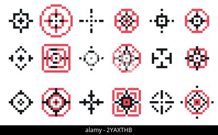 Symbol für Pixelziel. Retro-Videospiel Fadenkreuz, Retro-militärisches Geschützfernrohr, 8-Bit-Bullseye-Ziel für Jagd und Bogenschießen. Vektor-Flatfokus und Stock Vektor