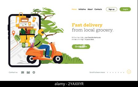 Konzept für die Lieferung von Lebensmitteln. Fast-Food-Service, Paketzustellung für Pizza und Sushi, Online-Bestellung mit Navigationskarte und Wegbeschreibung. Vektorabbildung Stock Vektor