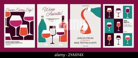 Weinposter. Abstrakte Weinprobe Hintergrund mit Flaschen Gläsern und Korkenzieher, Obst und Vorspeisen Weinglas mit Weinspritzer. Minimalistischer Vektor Stock Vektor