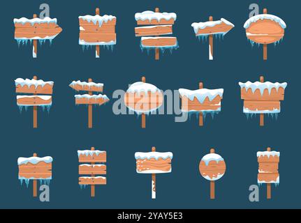Gefrorenes Holzschild. Schneebedeckte Plakate und Reklametafeln, Banner und Richtungsplatten für den Winterverkauf, gefrorene Schneeplanken. Vektor-isolierter Satz Stock Vektor