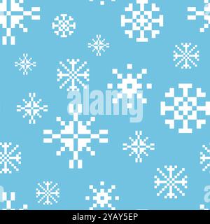Pixel-Schneeflocken-Muster. Nahtloser Druck von Vintage-Videospielsymbolen im weihnachtsretro-Stil, weißer Winterferienhintergrund zum Einpacken von Textilien aus Papier Stock Vektor
