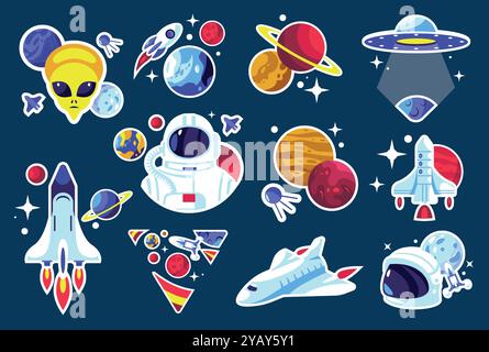 Platzaufkleber. Cartoon-Astronaut und Kosmonaut im Weltraumanzug mit Raketen- und Satelliten-, Kosmos- und Galaxienelementen. Vektor-isolierter Satz Stock Vektor