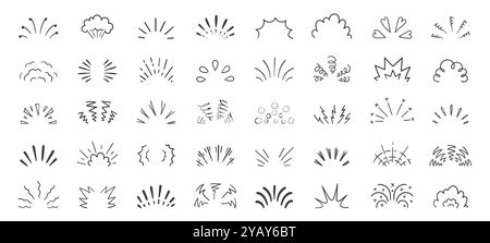 Doodle Line funkelt und strahlt. Abstrakte handgezeichnete Sonnenstrahlen und Sternenaufbrüche, Comic-Retro-Sonnenstrahlen-Explosion und Feuerwerk-Elemente. Vektor-isolierter Satz Stock Vektor