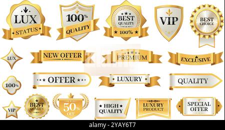 Elegante Hochglanzetiketten. Goldene Vintage-Aufkleber mit Premium-Qualität und Best-Choice-Abzeichen zur Produktbewertung. Vektorzertifikat und Aufkleber Set Stock Vektor